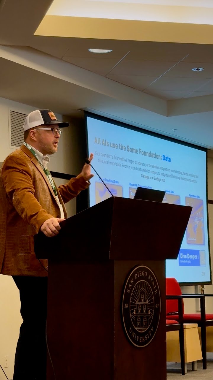 Chris Machut presenting on AI and supply chain data foundations at San Diego State University, 2026